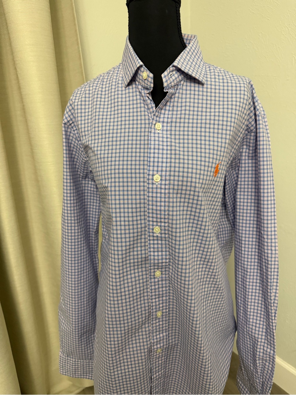 Polo by Ralph Lauren Blue, White and Orange Check Button-Down Orange Pony Shirt